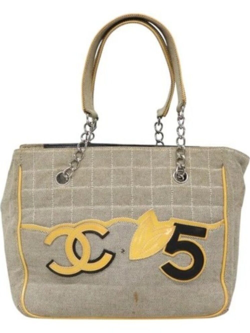 CHANEL Choco Bar Tote Bag Canvas Beige Yellow CC Auth 116301 - Picture 12 of 15